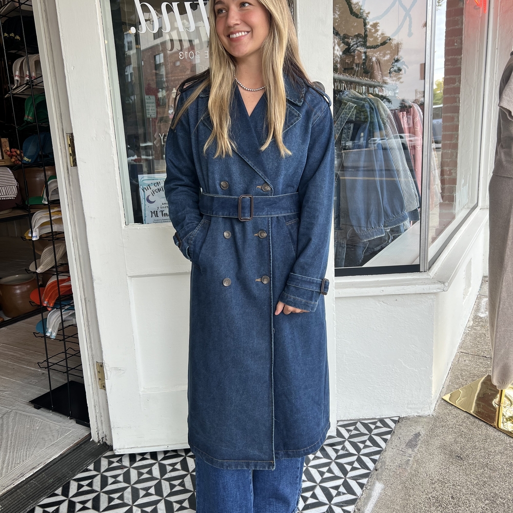 blu pepper Denim Notch Collar Trench Coat